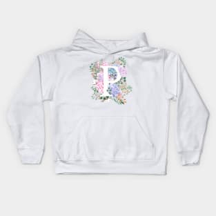 botanical monogram alphabet P hydrangea flowers Kids Hoodie